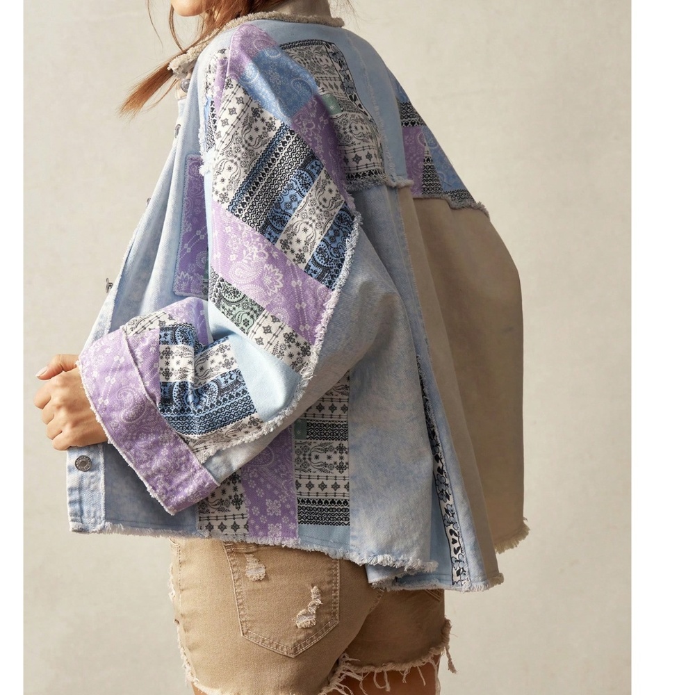Boho Colorful patchwork Frayed Detail Oversized Top - Picture 2 of 7